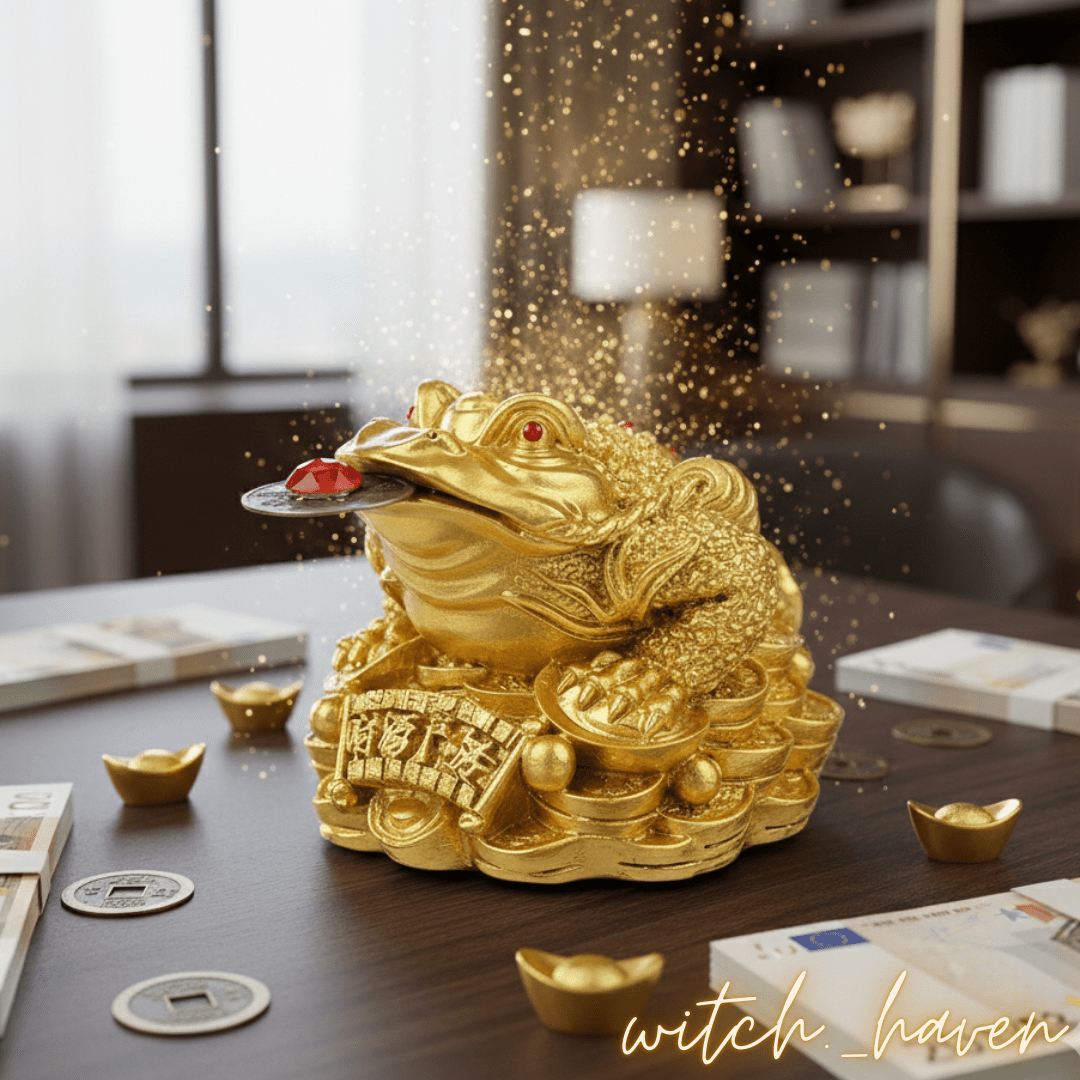 Witchhaven, Dominika Marx, goldene Feng Shui Geldkröte auf einem Haufen Goldmünzen mit roter Verzierung, dreibeiniger Geldfrosch mit chinesischer Münze im Maul, spiritueller Glücksbringer für Wohlstand und Reichtum, energetisch gereinigte Chan Chu Figur
