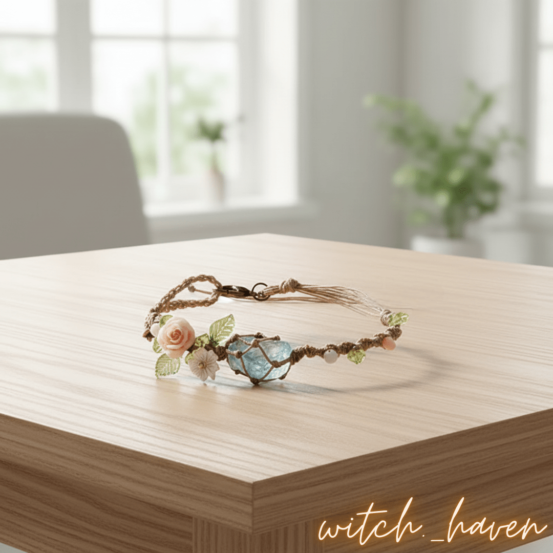 Witchhaven, Dominika Marx, handgewebtes blaues Armband Ozean Magie mit echtem Bergkristall, spiritueller Schmuck mit Blütenmotiven, energetisch gereinigtes Heilstein Armband für Klarheit und Fokus, handgemachtes Unikat aus Naturfasern