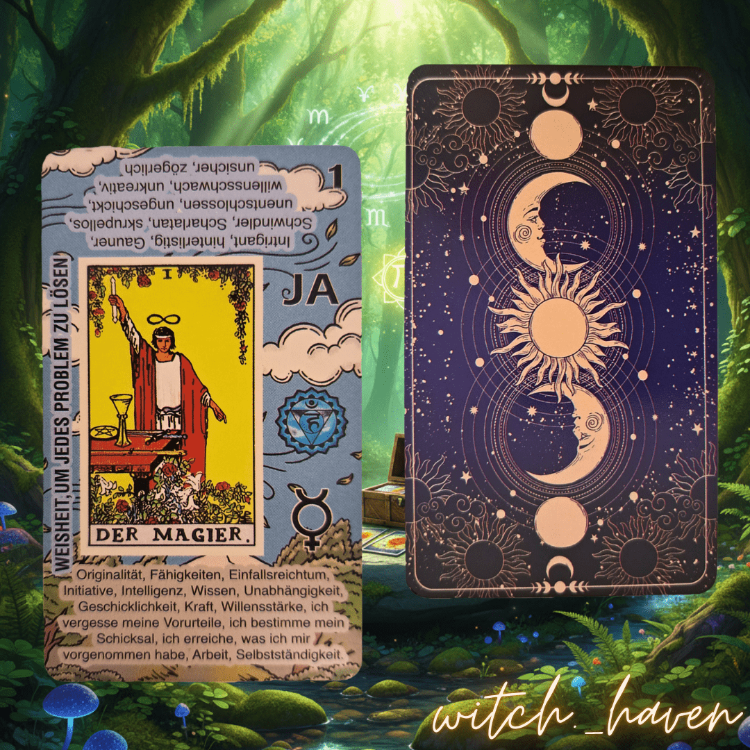 Witchhaven, Dominika Marx, Tarotkarten mit Bedeutungen auf den Karten, 78er Set mit Chakren und Horoskop Symbolen, spirituelles Tarot Deck für Anfänger, energetisch gereinigte Orakelkarten, blaues Kartendesign