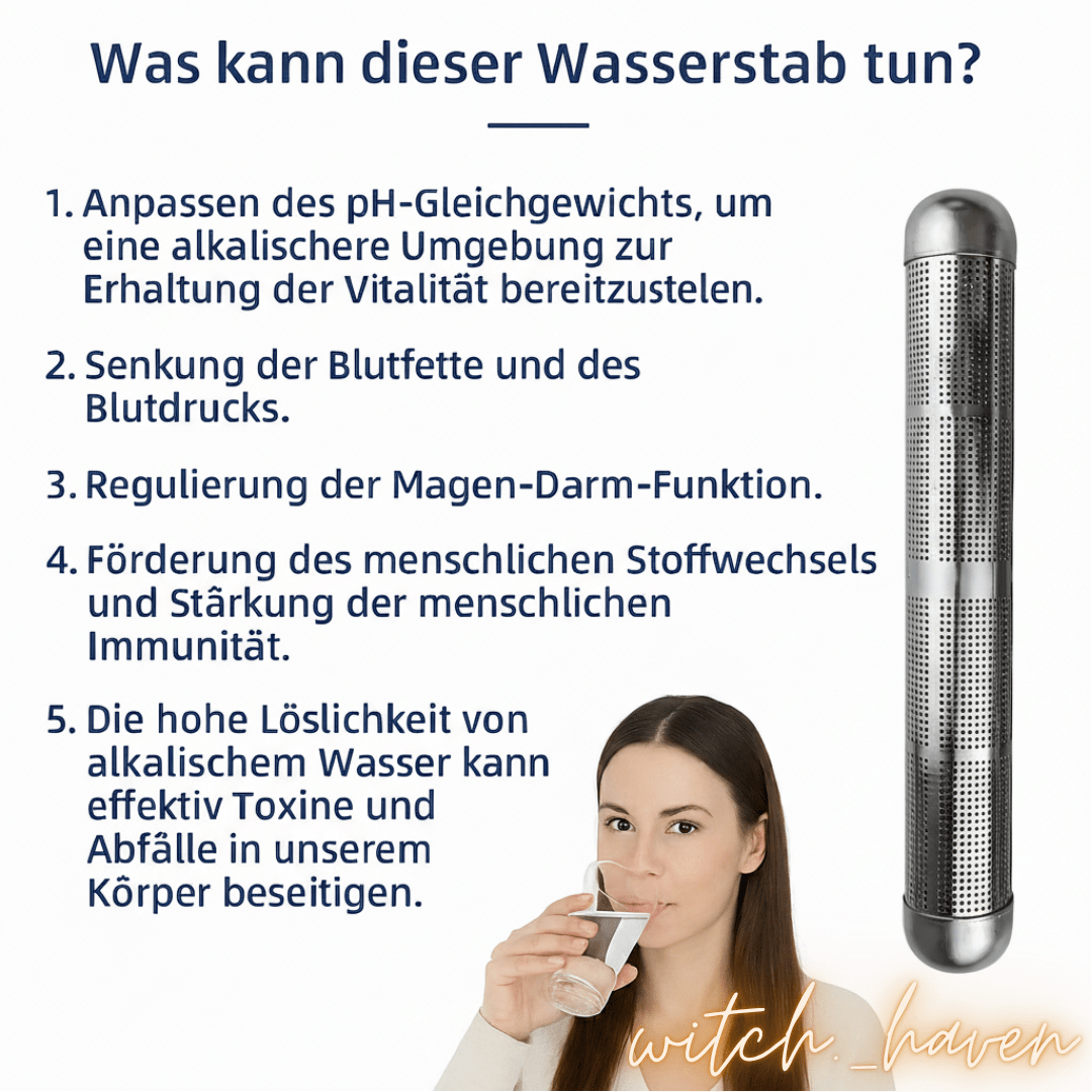 Witchhaven, Dominika Marx, Alkaline Wasser Stick aus Edelstahl mit Turmalin und Mineralsteinen, energetische Wasserbelebung für unterwegs, spirituelles Werkzeug für Vitalität und Erdung, energetisch gereinigter Wasserfilterstab