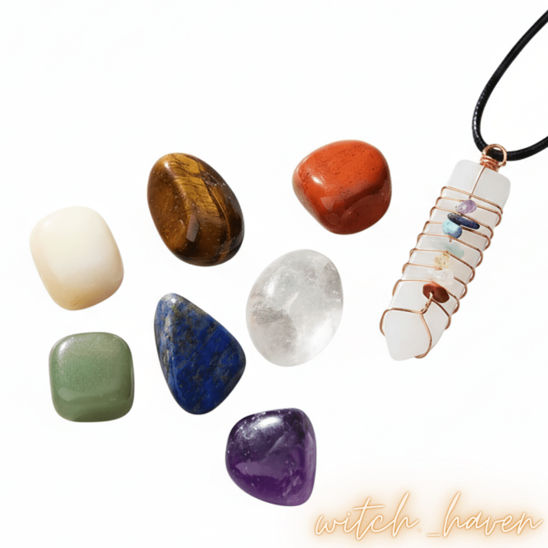 Witchhaven, Dominika Marx, Chakra Edelstein Set, Heilsteine Set mit Anhänger, energetische Reinigung, Bergkristall Amethyst Sodalith Aventurin Citrin Tigerauge Jaspis, spirituelle Balance