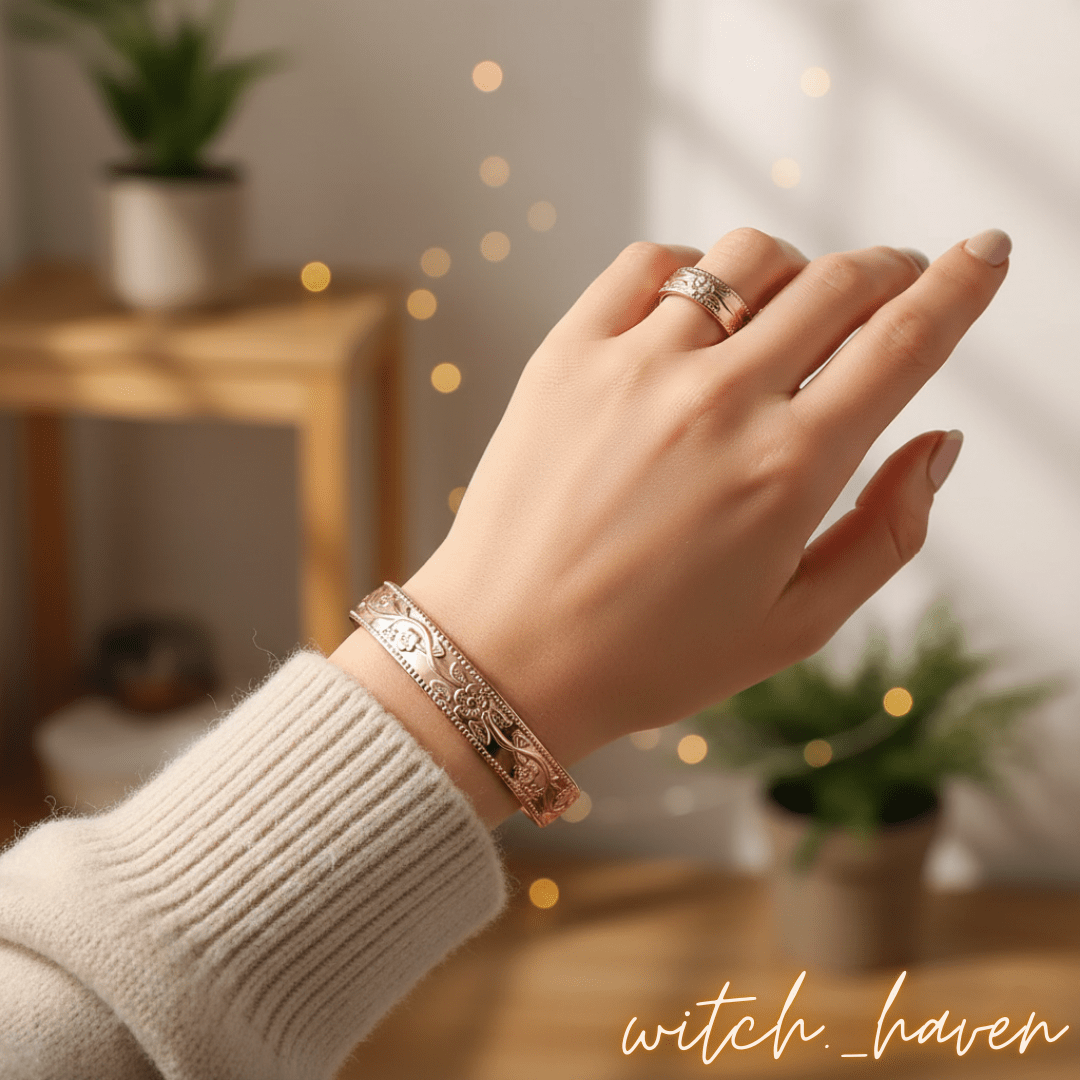 Witchhaven, Dominika Marx, Premium Kupfer Set mit Armreif und Ring, massiver Kupferschmuck mit floralem Muster und Magneten, spirituelles Schmuckset für Energiefluss, energetisch gereinigter Kupfer Magnet Schmuck