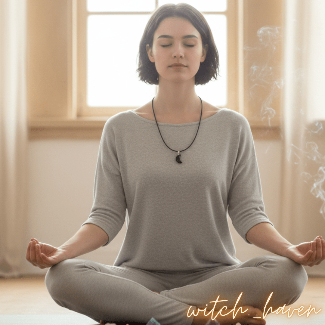 Witchhaven, Dominika Marx, schwarzer Obsidian Anhänger in Mondsichel Form, polierter Heilstein an schwarzer Schnur, spiritueller Schmuck für Intuition und emotionalen Schutz, energetisch gereinigtes Obsidian Mond Amulett