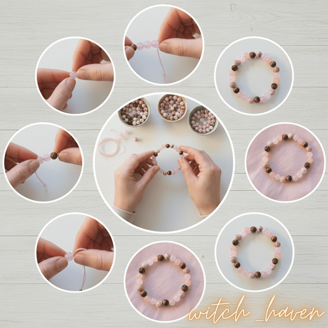 Witchhaven, Dominika Marx, handgefertigtes Anti Angst Armband aus Tigerauge Rosenquarz und Magnesit Perlen, spiritueller Schmuck für mentale Balance und Schutz, energetisch gereinigtes Edelstein Armband gegen innere Unruhe, elastisches Unikat für Zuversicht