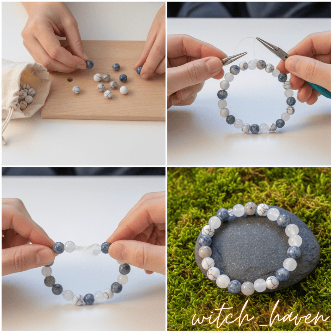 Witchhaven, Dominika Marx, handgefertigtes Schlaf Armband aus blauen Sodalith weißen Howlith und klaren Bergkristall Perlen, spiritueller Schmuck für eine erholsame Nacht, energetisch gereinigtes Edelstein Armband gegen Stress, elastisches Unikat für seelische Reinigung