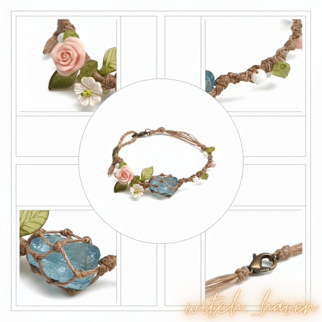 Witchhaven, Dominika Marx, handgewebtes blaues Armband Ozean Magie mit echtem Bergkristall, spiritueller Schmuck mit Blütenmotiven, energetisch gereinigtes Heilstein Armband für Klarheit und Fokus, handgemachtes Unikat aus Naturfasern