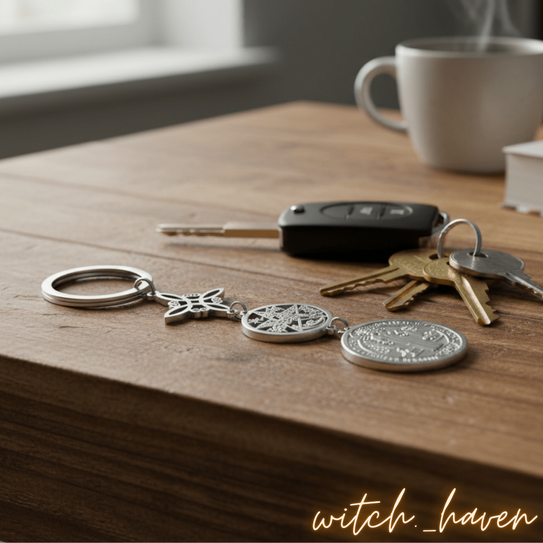 Witchhaven, Dominika Marx, Triple Protection Schlüsselanhänger aus massivem Edelstahl, Schutzsymbole Hexenknoten Pentagramm und Benediktus Medaille, spiritueller Begleiter für das Auto und Zuhause, energetisch gereinigter Schlüsselanhänger gegen negative Energien