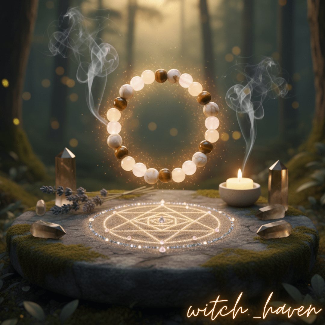 Witchhaven, Dominika Marx, handgefertigtes Anti Angst Armband aus Tigerauge Rosenquarz und Magnesit Perlen, spiritueller Schmuck für mentale Balance und Schutz, energetisch gereinigtes Edelstein Armband gegen innere Unruhe, elastisches Unikat für Zuversicht