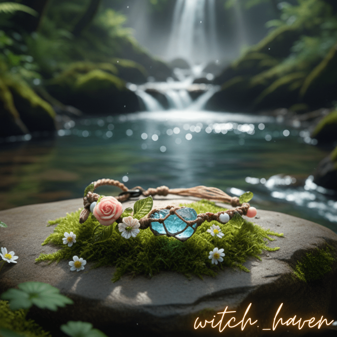 Witchhaven, Dominika Marx, handgewebtes blaues Armband Ozean Magie mit echtem Bergkristall, spiritueller Schmuck mit Blütenmotiven, energetisch gereinigtes Heilstein Armband für Klarheit und Fokus, handgemachtes Unikat aus Naturfasern