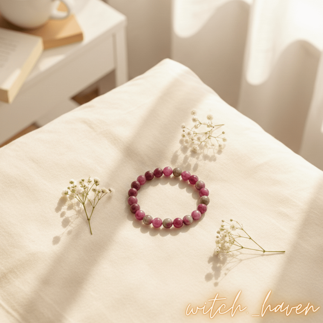Witchhaven, Dominika Marx, selbstgemachtes Pink Turmalin Armband aus 8 mm großen rosa Naturstein Perlen, spiritueller Schmuck für das Herz Chakra und emotionale Heilung, energetisch gereinigtes Edelstein Armband auf elastischem Band, toskanisches Design