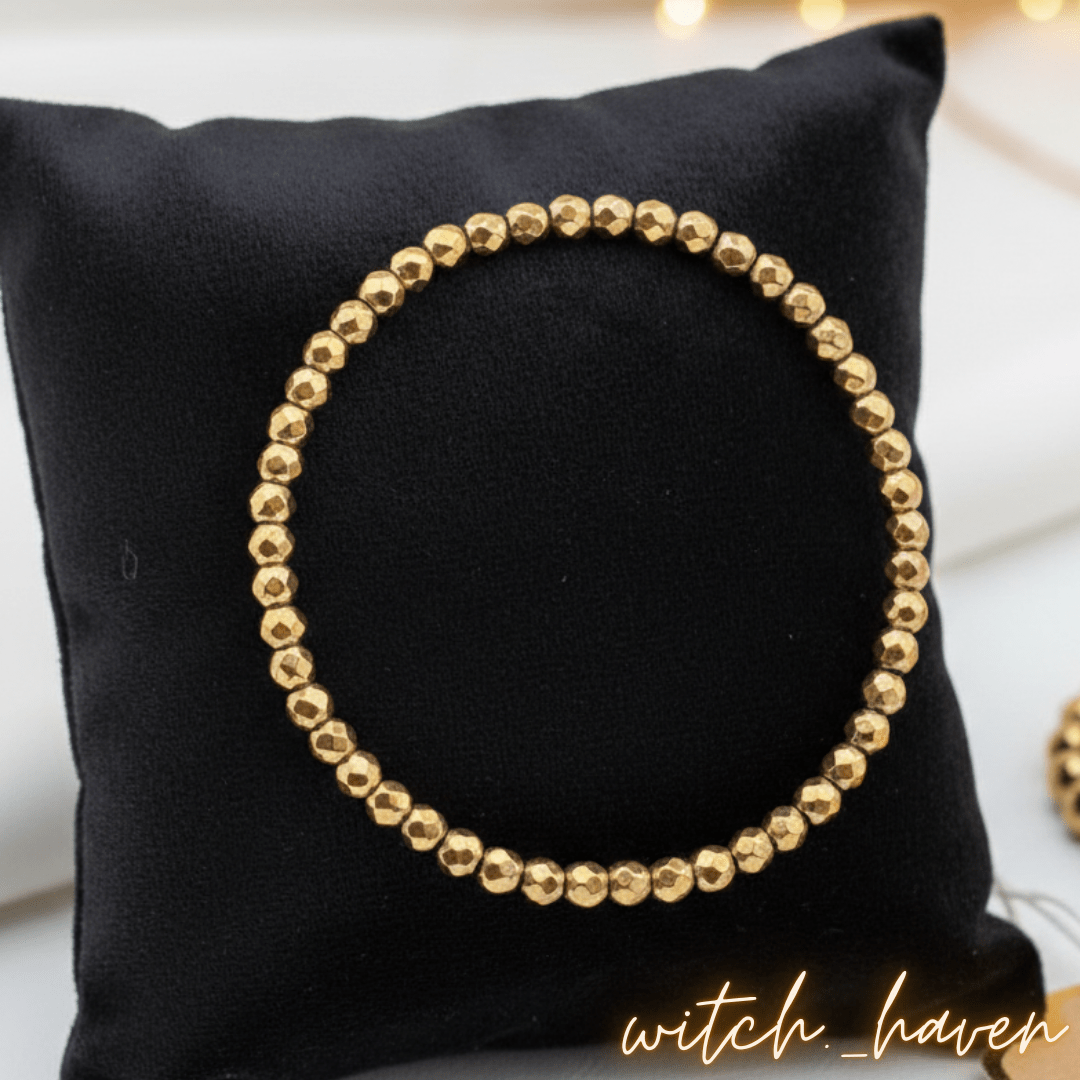 Witchhaven, Dominika Marx, handgefertigtes Pyrit Reichtumsarmband aus facettierten goldenen Naturstein Perlen, spiritueller Schmuck für Manifestation und Erfolg, energetisch gereinigtes Edelstein Armband für Fülle und Wohlstand, wählbar in 4mm oder 6mm