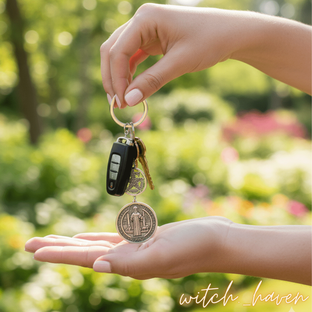 Witchhaven, Dominika Marx, Triple Protection Schlüsselanhänger aus massivem Edelstahl, Schutzsymbole Hexenknoten Pentagramm und Benediktus Medaille, spiritueller Begleiter für das Auto und Zuhause, energetisch gereinigter Schlüsselanhänger gegen negative Energien
