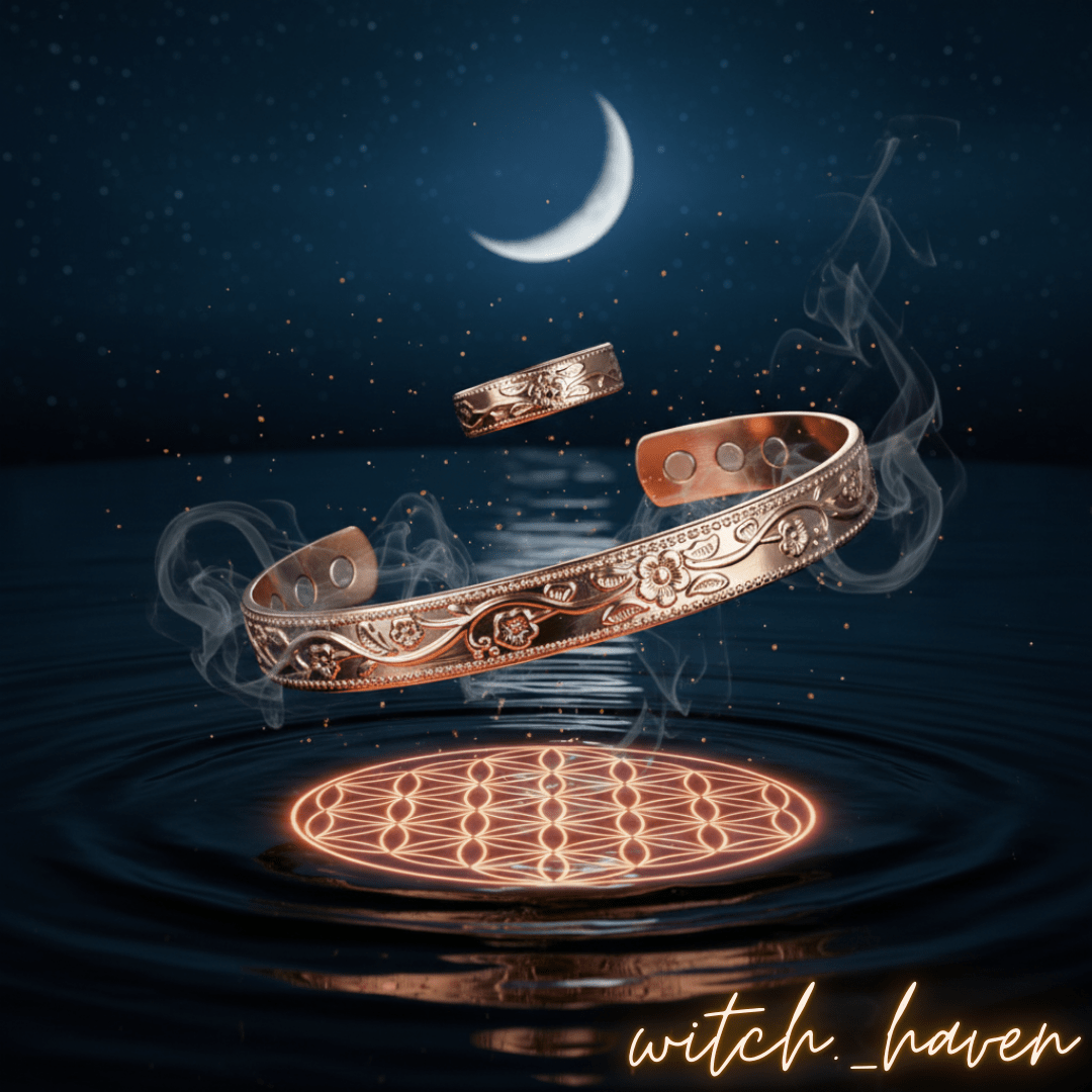 Witchhaven, Dominika Marx, Premium Kupfer Set mit Armreif und Ring, massiver Kupferschmuck mit floralem Muster und Magneten, spirituelles Schmuckset für Energiefluss, energetisch gereinigter Kupfer Magnet Schmuck