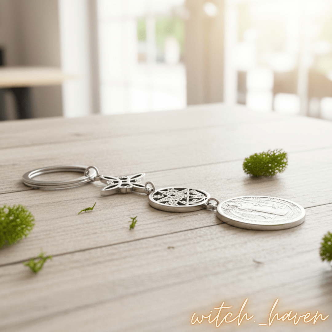 Witchhaven, Dominika Marx, Triple Protection Schlüsselanhänger aus massivem Edelstahl, Schutzsymbole Hexenknoten Pentagramm und Benediktus Medaille, spiritueller Begleiter für das Auto und Zuhause, energetisch gereinigter Schlüsselanhänger gegen negative Energien