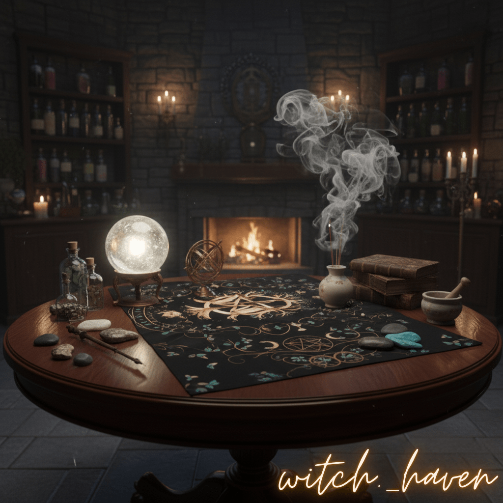 Witchhaven, Dominika Marx, Magisches Altartuch mit Baum des Lebens, Pentagramm und Dreifacher Göttin, schwarzes Tuch mit goldenen Symbolen, energetisch gereinigte Ritualunterlage, spirituelle Tischdecke für Tarot