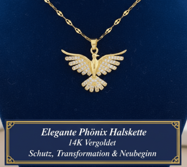 Witchhaven, Dominika Marx, elegante Phönix Halskette mit 14 Karat Gold-Veredelung und Zirkonia Steinen, spiritueller Schmuck für Transformation und Neubeginn, energetisch gereinigter Anhänger Krafttier Phönix, luxuriöse Gliederkette Gold