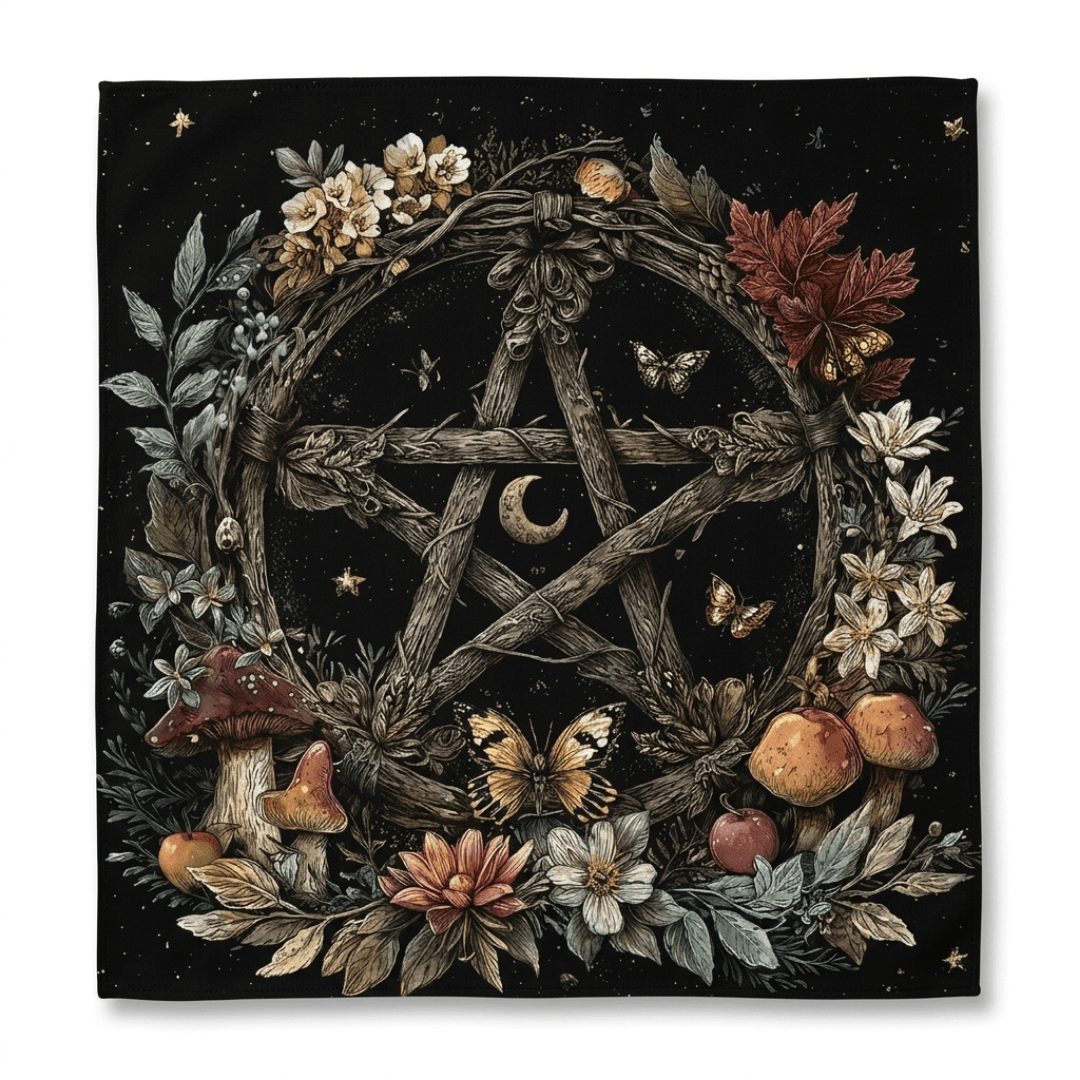 Altartuch Wahrsage Unterlage Pentagramm, Tarot Tuch Naturmotive, Dominika Marx, Witchhaven, rituelle Tischdecke schwarz gold, Pentagramm Altardecke, Unterlage für Kartenlegen, energetisch gereinigtes Altartuch, Wandbehang spirituell, magisches Geschenk für Hexen, Symbol für Schutz und Erdung, ritueller Begleiter Wahrsage