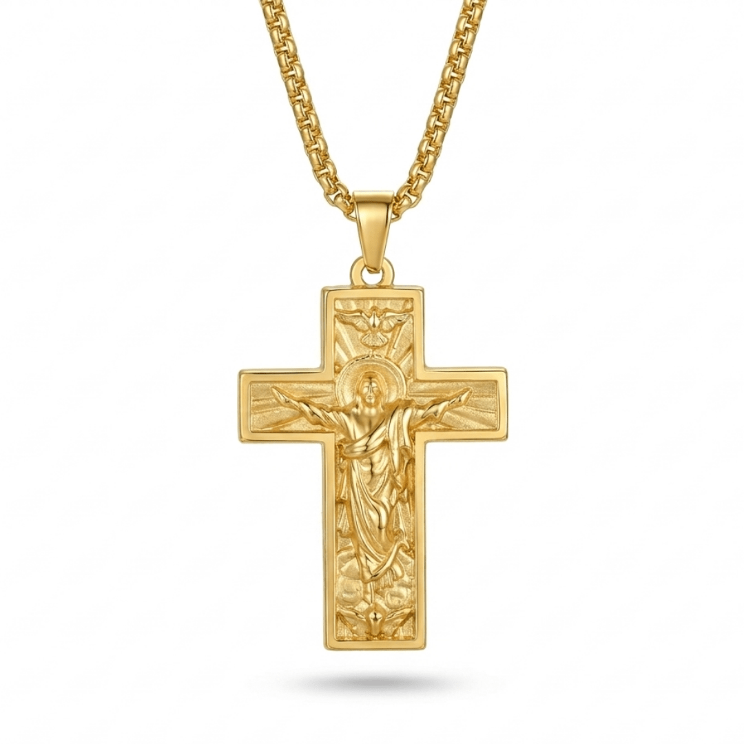 Edle Kreuz Halskette Gold, geprägter Kreuzanhänger, Dominika Marx, Witchhaven, christlicher Schmuck Goldoptik, Halskette mit Kreuzsymbol, spirituelles Geschenk Hoffnung, energetisch gereinigter Halsschmuck, Rundpanzerkette mit Kreuz, magisches Geschenk Glaube, Symbol für Schutz und Segen, ritueller Begleiter Kreuz