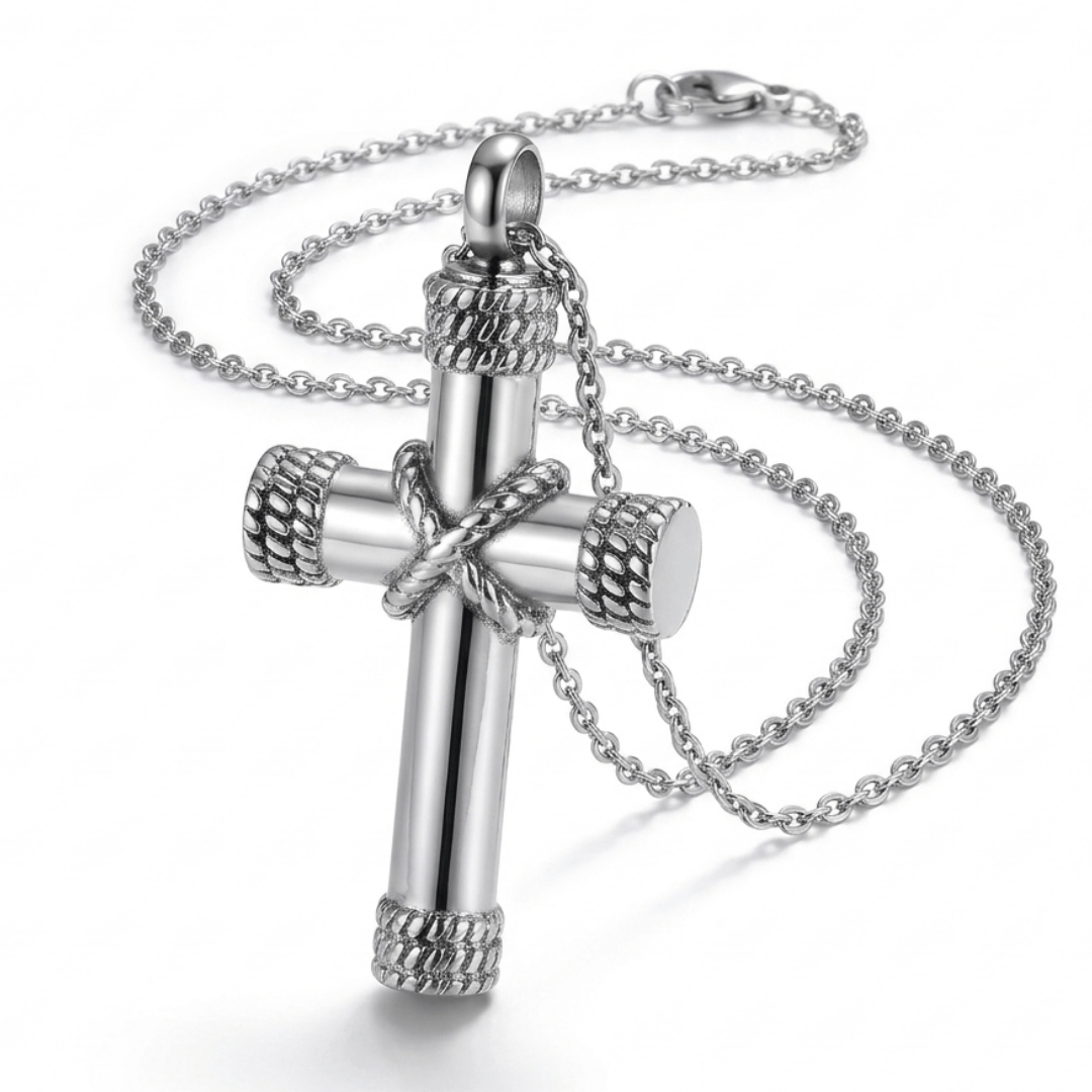 Asche Urne Halskette Kreuz, silberner Kreuzanhänger für Asche, Dominika Marx, Witchhaven, Gedenkschmuck Edelstahl, Mini Urne Kreuz Design, Kette für Tierasche, religiöser Urnenschmuck, Gebetskreuz Anhänger befüllbar, spirituelles Gedenken, Schmuck für verstorbene Weggefährten, energetisch gereinigte Urnenkette
