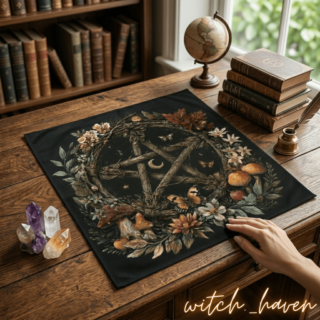 Altartuch Wahrsage Unterlage Pentagramm, Tarot Tuch Naturmotive, Dominika Marx, Witchhaven, rituelle Tischdecke schwarz gold, Pentagramm Altardecke, Unterlage für Kartenlegen, energetisch gereinigtes Altartuch, Wandbehang spirituell, magisches Geschenk für Hexen, Symbol für Schutz und Erdung, ritueller Begleiter Wahrsage