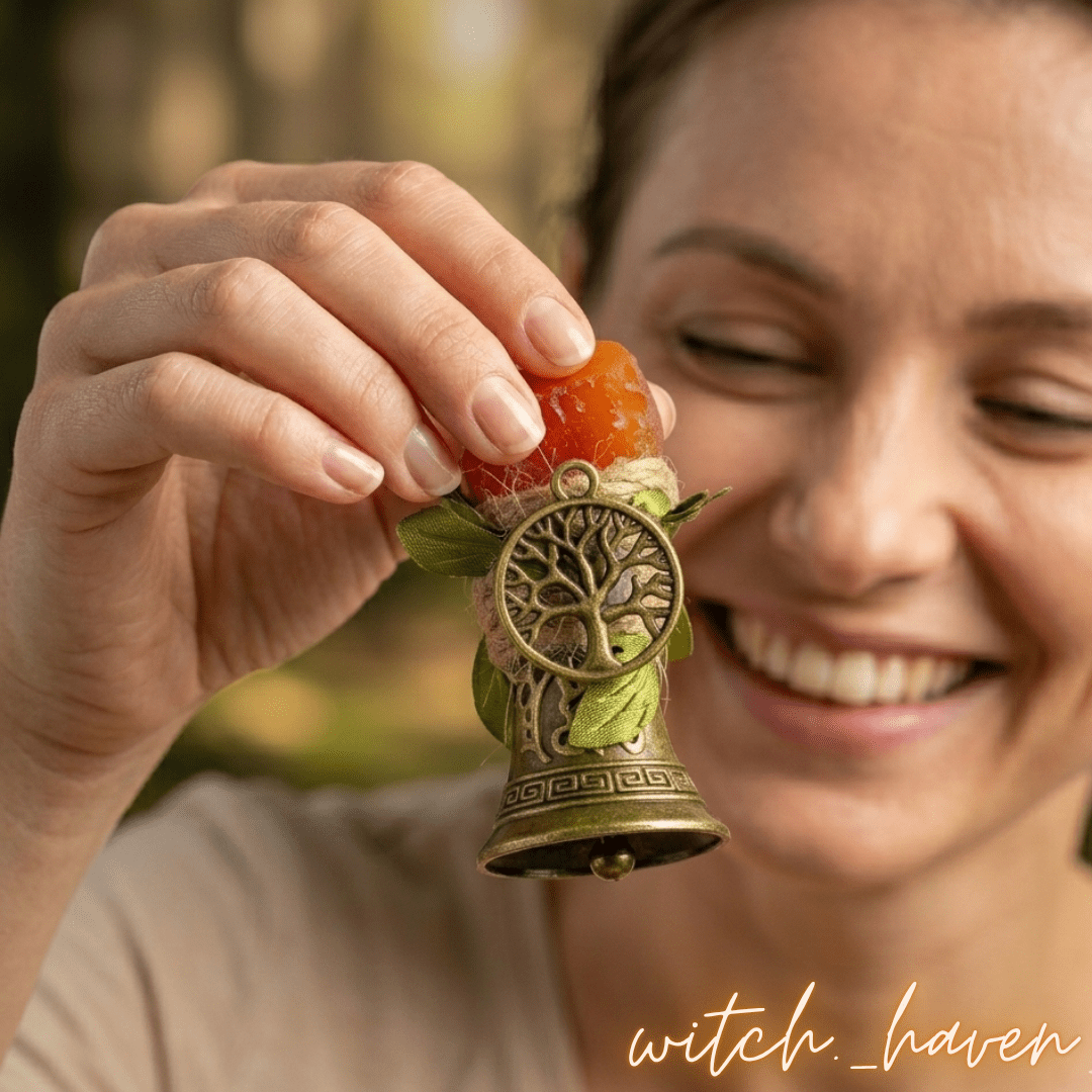 Magische Karneol Zauberglocke Kupfer, handgefertigte Altarglocke mit Edelstein, Dominika Marx, Witchhaven, Ritualglocke Vintage Look, Kupferglocke mit Karneol, energetisch gereinigter ritueller Schmuck, Handglocke für Zeremonien, Karneol Heilstein Glocke, magisches Geschenk für Hexen, Symbol für Lebensfreude und Reinigung, ritueller Begleiter Klangmagie