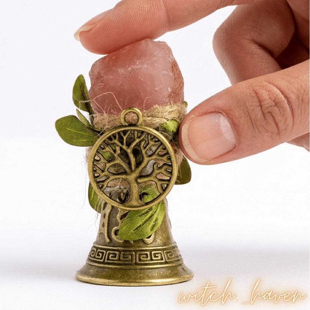 Magische Zauberglocke mit Rosenquarz Kupfer, handgefertigte Altarglocke mit Edelstein, Dominika Marx, Witchhaven, Ritualglocke Vintage Look, Kupferglocke mit Rosenquarz, energetisch gereinigter ritueller Schmuck, Handglocke für Zeremonien, Rosenquarz Heilstein Glocke, magisches Geschenk für Hexen, Symbol für Liebe und Reinigung, ritueller Begleiter Klangmagie