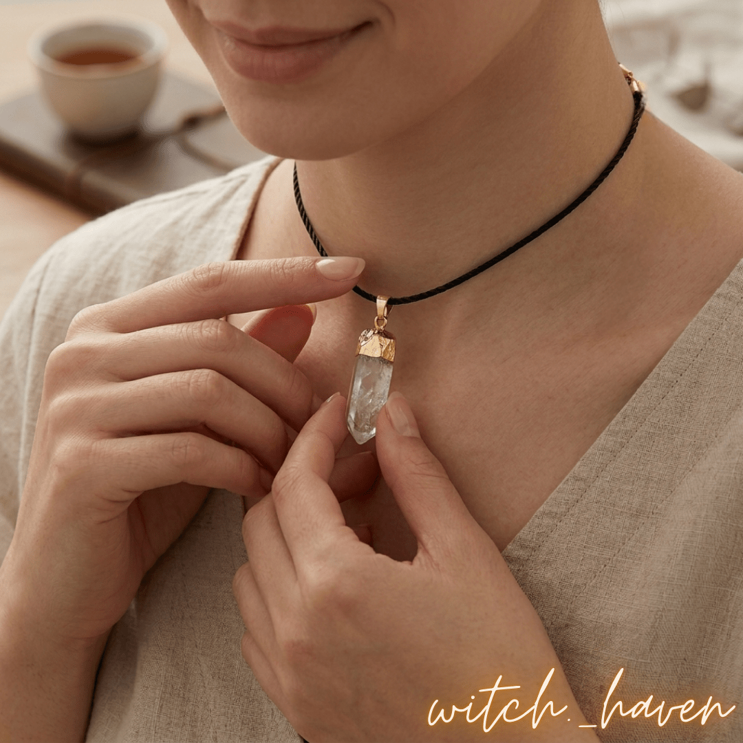 Bergkristall Heilstein Anhänger, naturbelassener Kristall gold gefasst, Dominika Marx, Witchhaven, Edelstein Kette handgefertigt, Bergkristall Unikat Schmuck, energetisch gereinigter Heilstein, Schmuck für Klarheit und Fokus, spiritueller Anhänger Naturstein, Bergkristall Lichtbringer, handgemachte Kette mit Kristall, magisches Geschenk Handarbeit