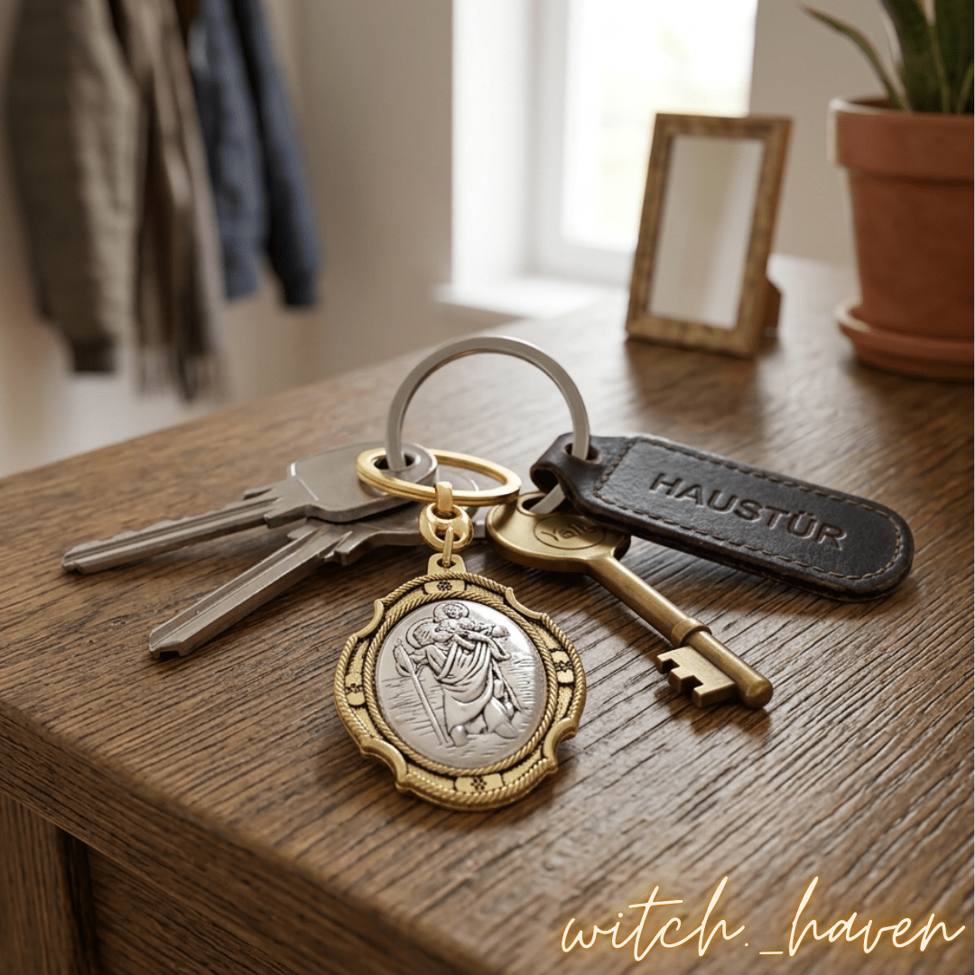 St. Christophorus Schlüsselanhänger Gold Silber, Christopherus Schutzpatron der Reisenden, Dominika Marx, Witchhaven, Anhänger für Autoschlüssel, St. Christophorus Bi Color, Geschenk für Fahranfänger, spiritueller Reiseschutz, Christopherus Relief Anhänger, energetisch gereinigter Talisman, Schutz für Unterwegs, magisches Geschenk Reise