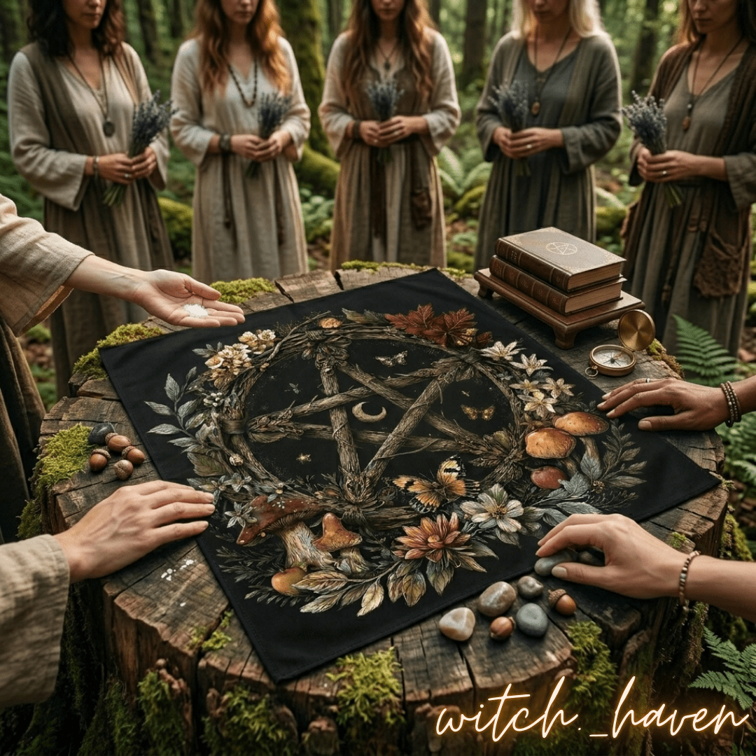 Altartuch Wahrsage Unterlage Pentagramm, Tarot Tuch Naturmotive, Dominika Marx, Witchhaven, rituelle Tischdecke schwarz gold, Pentagramm Altardecke, Unterlage für Kartenlegen, energetisch gereinigtes Altartuch, Wandbehang spirituell, magisches Geschenk für Hexen, Symbol für Schutz und Erdung, ritueller Begleiter Wahrsage