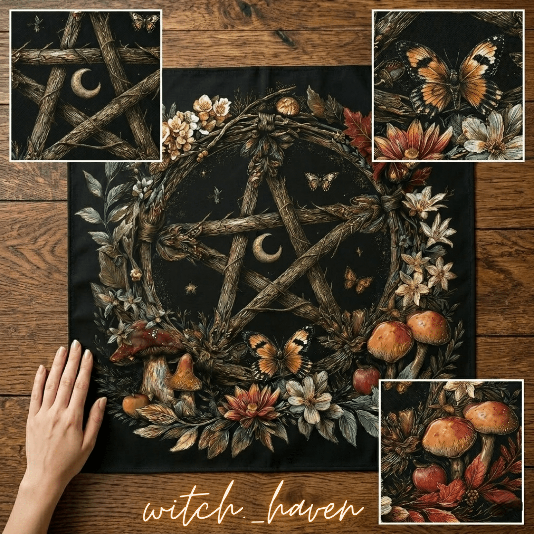 Altartuch Wahrsage Unterlage Pentagramm, Tarot Tuch Naturmotive, Dominika Marx, Witchhaven, rituelle Tischdecke schwarz gold, Pentagramm Altardecke, Unterlage für Kartenlegen, energetisch gereinigtes Altartuch, Wandbehang spirituell, magisches Geschenk für Hexen, Symbol für Schutz und Erdung, ritueller Begleiter Wahrsage