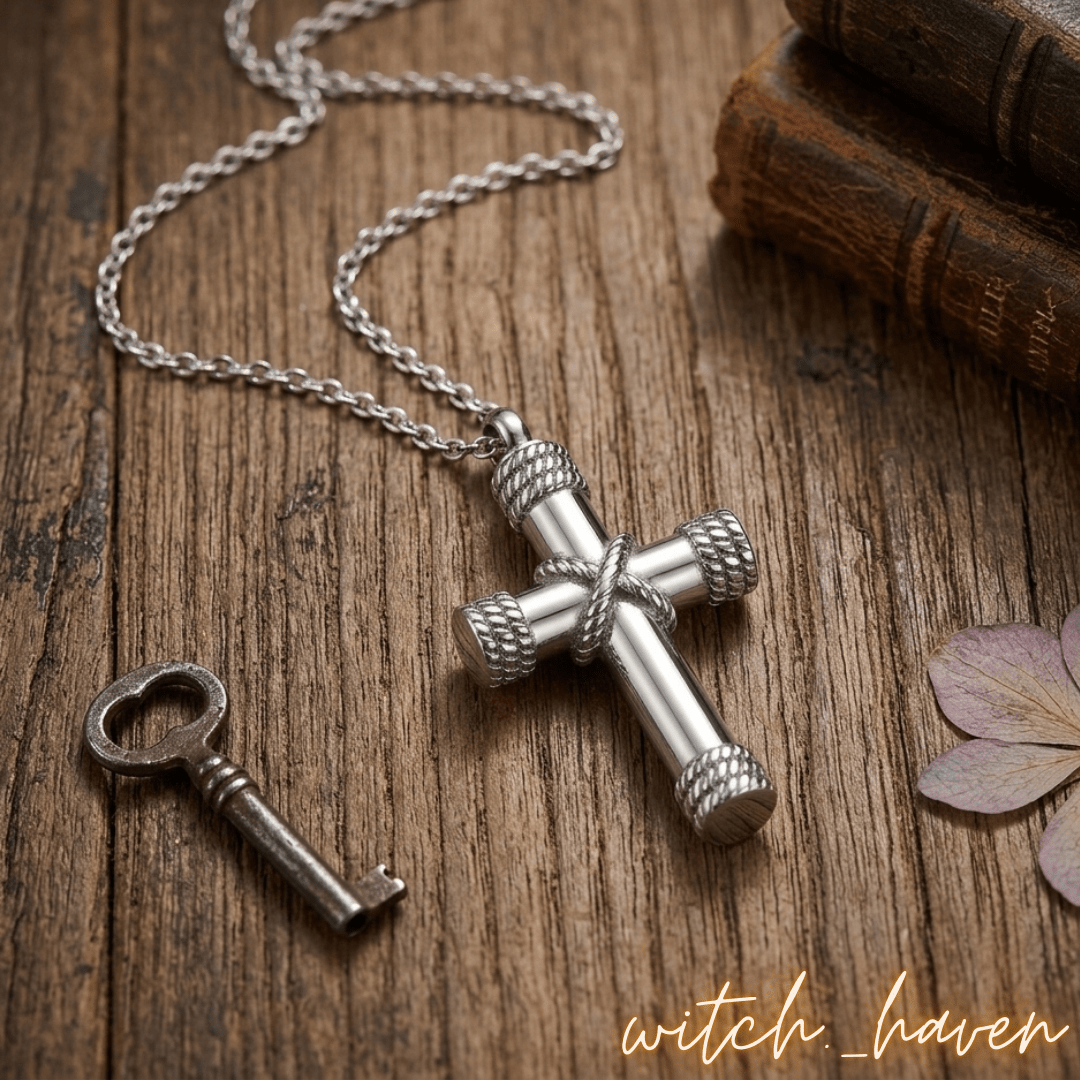 Asche Urne Halskette Kreuz, silberner Kreuzanhänger für Asche, Dominika Marx, Witchhaven, Gedenkschmuck Edelstahl, Mini Urne Kreuz Design, Kette für Tierasche, religiöser Urnenschmuck, Gebetskreuz Anhänger befüllbar, spirituelles Gedenken, Schmuck für verstorbene Weggefährten, energetisch gereinigte Urnenkette