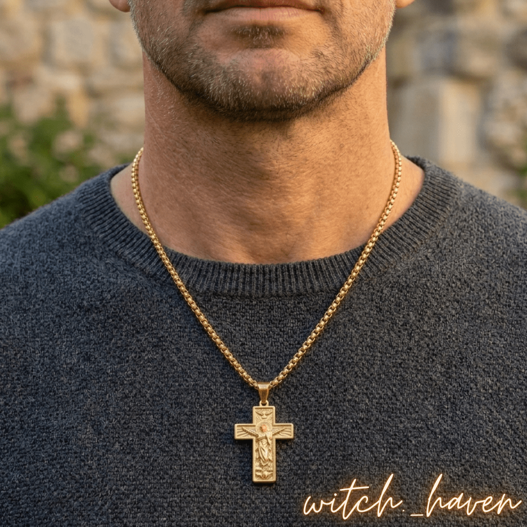 Edle Kreuz Halskette Gold, geprägter Kreuzanhänger, Dominika Marx, Witchhaven, christlicher Schmuck Goldoptik, Halskette mit Kreuzsymbol, spirituelles Geschenk Hoffnung, energetisch gereinigter Halsschmuck, Rundpanzerkette mit Kreuz, magisches Geschenk Glaube, Symbol für Schutz und Segen, ritueller Begleiter Kreuz