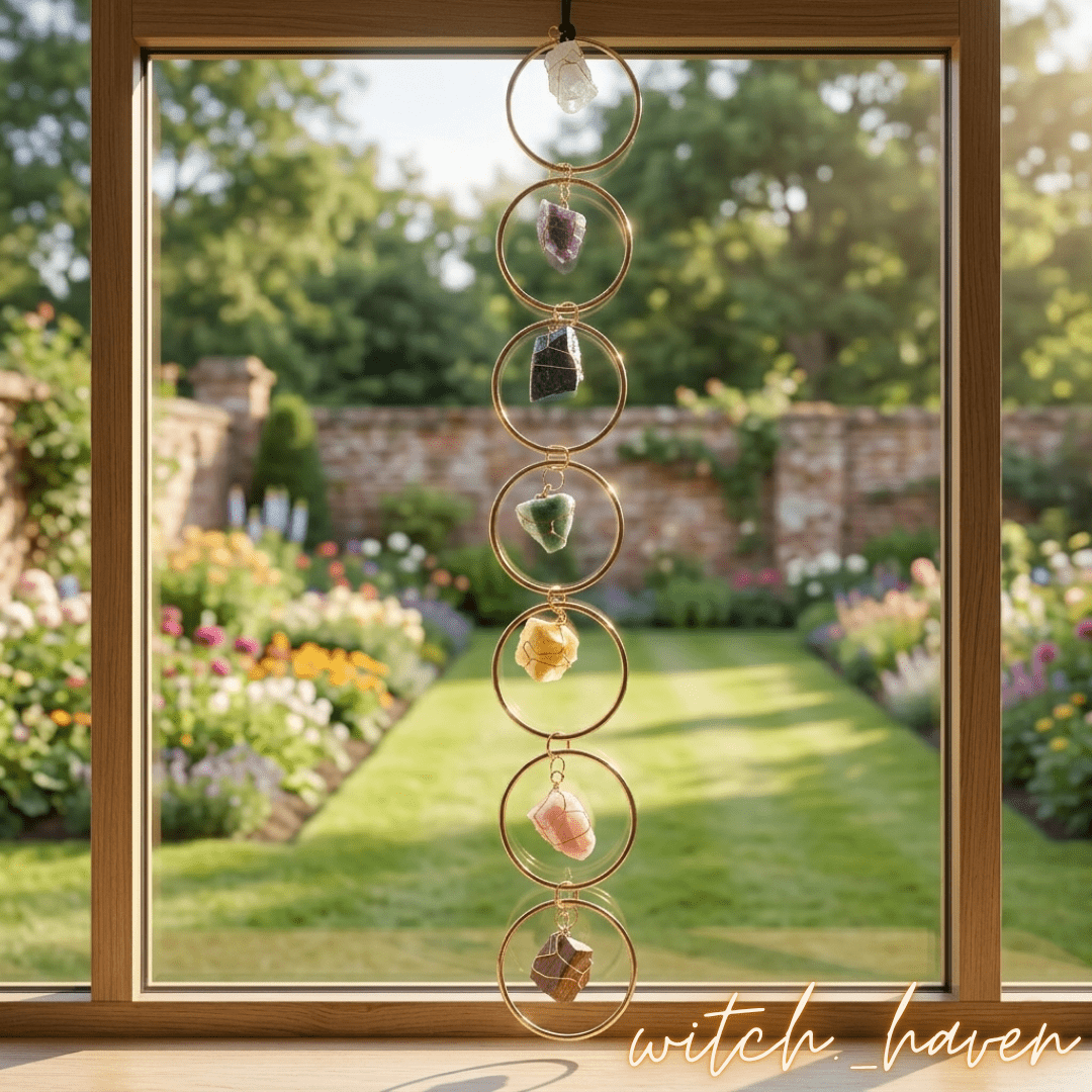 7 Chakren Edelstein Wandhänger Rohkristalle, handgefertigtes Chakra Ornament Gold, Dominika Marx, Witchhaven, spirituelle Wanddekoration Natursteine, Heilsteine Wandhänger Amethyst Bergkristall, energetisch gereinigtes Wanddekor, hängende Kristalle für Raumharmonie, Chakra Balance Mensch Tier, magisches Geschenk Rohsteine, Symbol für Lebenskraft und Erdung, ritueller Begleiter Haussegen