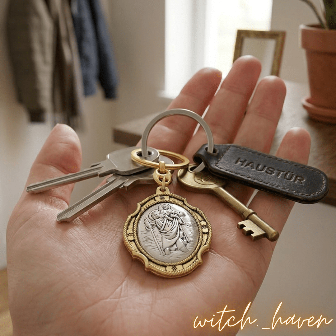St. Christophorus Schlüsselanhänger Gold Silber, Christopherus Schutzpatron der Reisenden, Dominika Marx, Witchhaven, Anhänger für Autoschlüssel, St. Christophorus Bi Color, Geschenk für Fahranfänger, spiritueller Reiseschutz, Christopherus Relief Anhänger, energetisch gereinigter Talisman, Schutz für Unterwegs, magisches Geschenk Reise