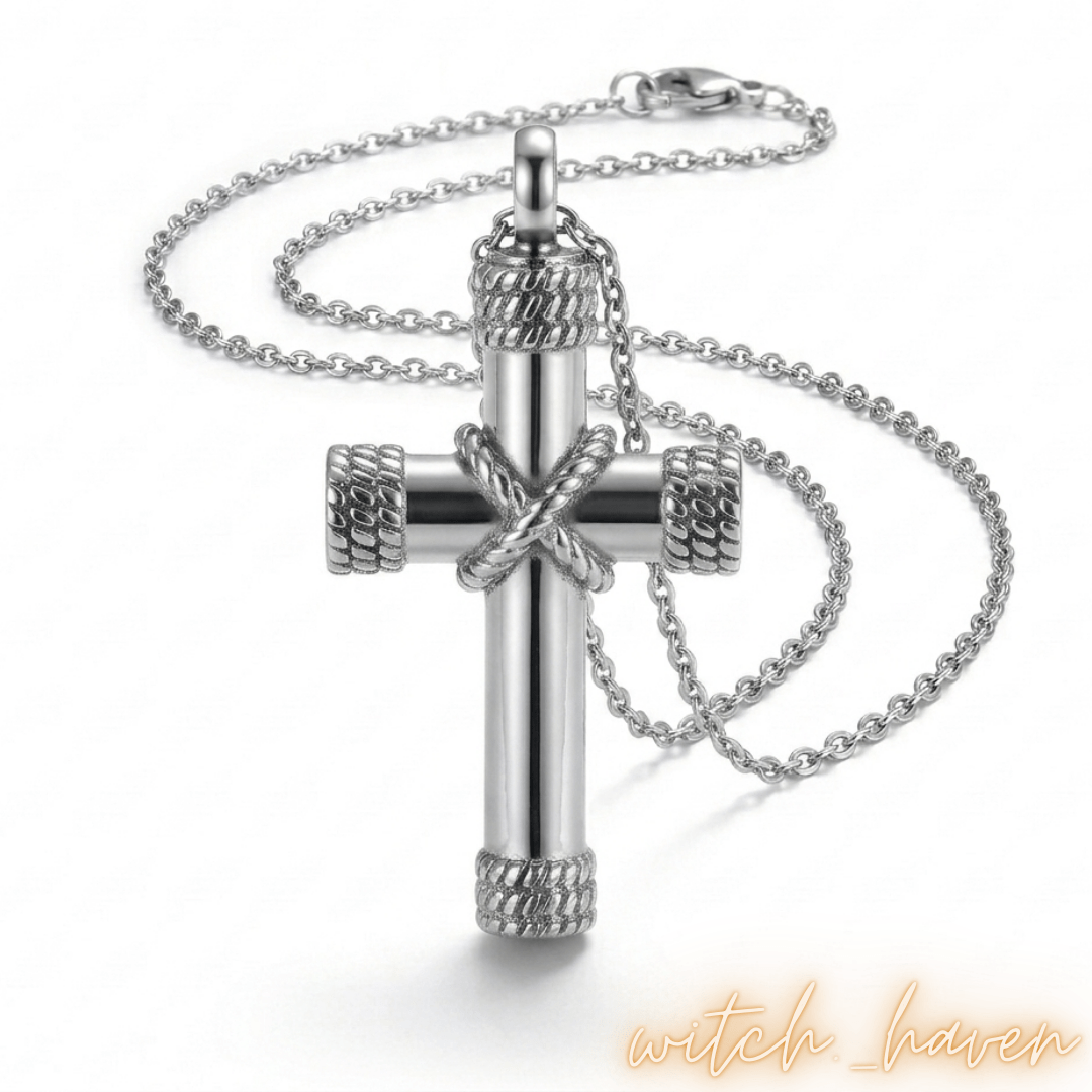 Asche Urne Halskette Kreuz, silberner Kreuzanhänger für Asche, Dominika Marx, Witchhaven, Gedenkschmuck Edelstahl, Mini Urne Kreuz Design, Kette für Tierasche, religiöser Urnenschmuck, Gebetskreuz Anhänger befüllbar, spirituelles Gedenken, Schmuck für verstorbene Weggefährten, energetisch gereinigte Urnenkette