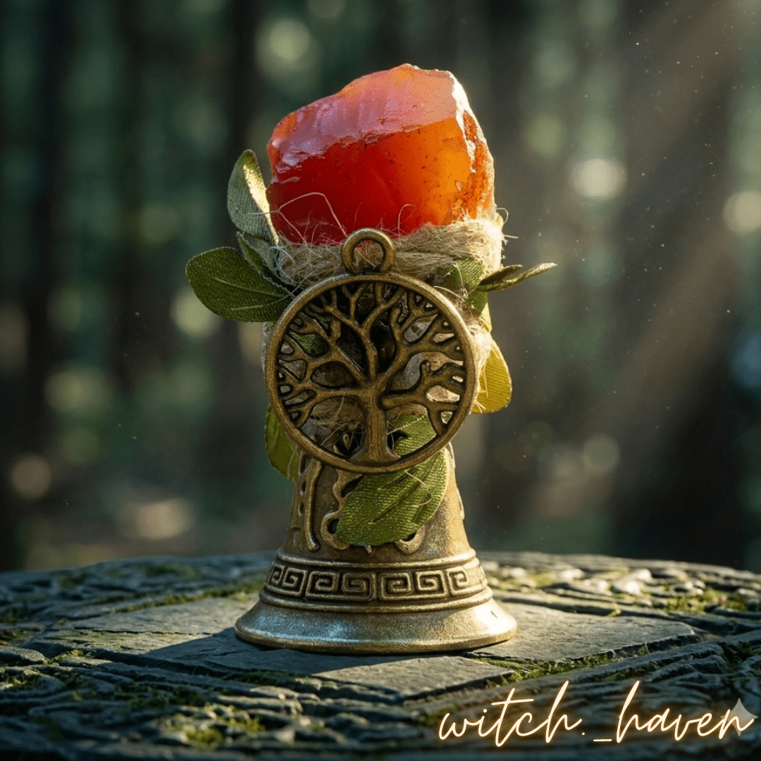 Magische Karneol Zauberglocke Kupfer, handgefertigte Altarglocke mit Edelstein, Dominika Marx, Witchhaven, Ritualglocke Vintage Look, Kupferglocke mit Karneol, energetisch gereinigter ritueller Schmuck, Handglocke für Zeremonien, Karneol Heilstein Glocke, magisches Geschenk für Hexen, Symbol für Lebensfreude und Reinigung, ritueller Begleiter Klangmagie