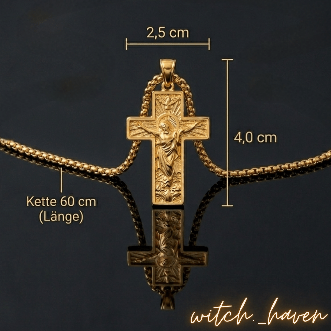 Edle Kreuz Halskette Gold, geprägter Kreuzanhänger, Dominika Marx, Witchhaven, christlicher Schmuck Goldoptik, Halskette mit Kreuzsymbol, spirituelles Geschenk Hoffnung, energetisch gereinigter Halsschmuck, Rundpanzerkette mit Kreuz, magisches Geschenk Glaube, Symbol für Schutz und Segen, ritueller Begleiter Kreuz