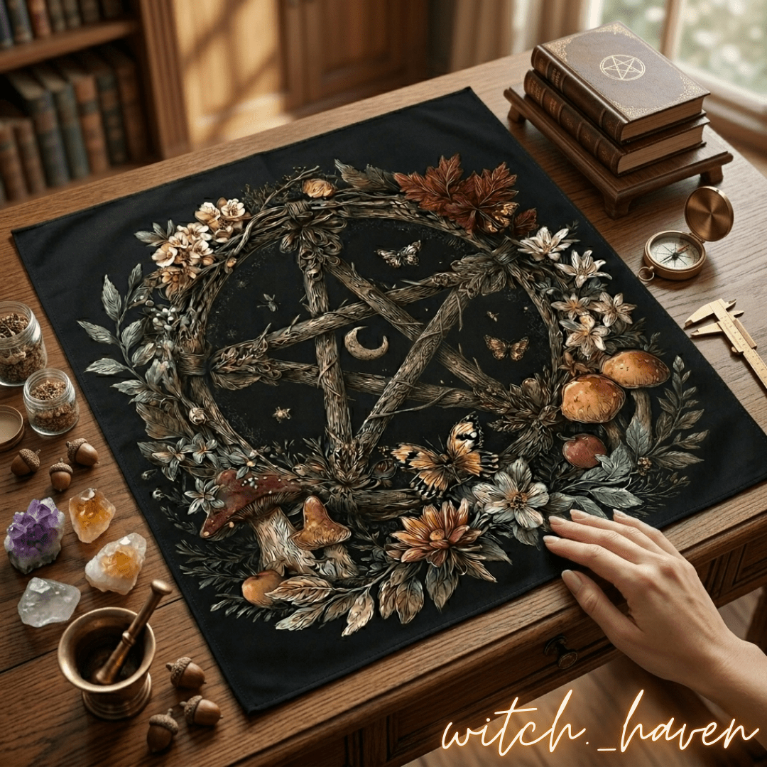 Altartuch Wahrsage Unterlage Pentagramm, Tarot Tuch Naturmotive, Dominika Marx, Witchhaven, rituelle Tischdecke schwarz gold, Pentagramm Altardecke, Unterlage für Kartenlegen, energetisch gereinigtes Altartuch, Wandbehang spirituell, magisches Geschenk für Hexen, Symbol für Schutz und Erdung, ritueller Begleiter Wahrsage