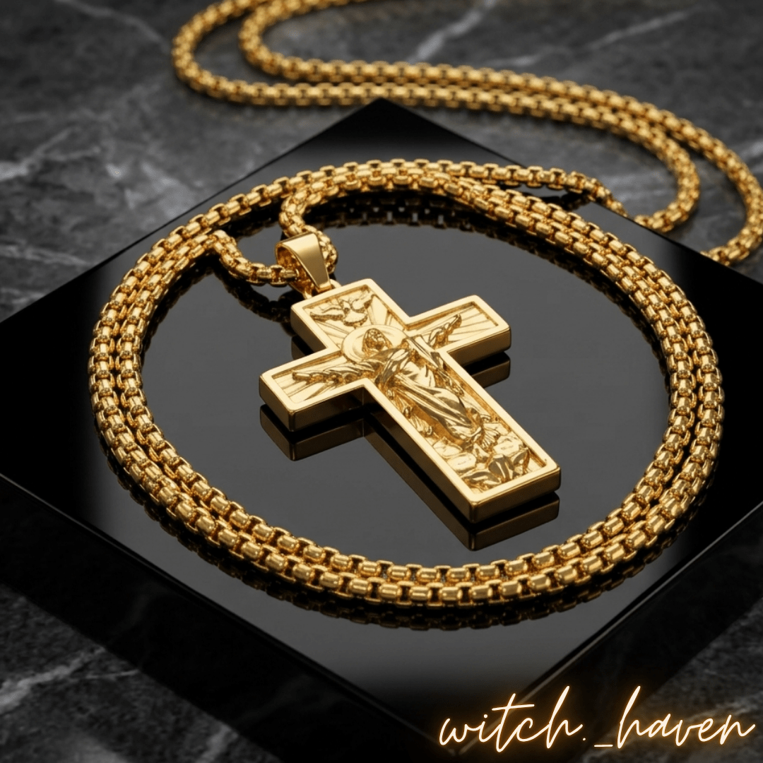 Edle Kreuz Halskette Gold, geprägter Kreuzanhänger, Dominika Marx, Witchhaven, christlicher Schmuck Goldoptik, Halskette mit Kreuzsymbol, spirituelles Geschenk Hoffnung, energetisch gereinigter Halsschmuck, Rundpanzerkette mit Kreuz, magisches Geschenk Glaube, Symbol für Schutz und Segen, ritueller Begleiter Kreuz