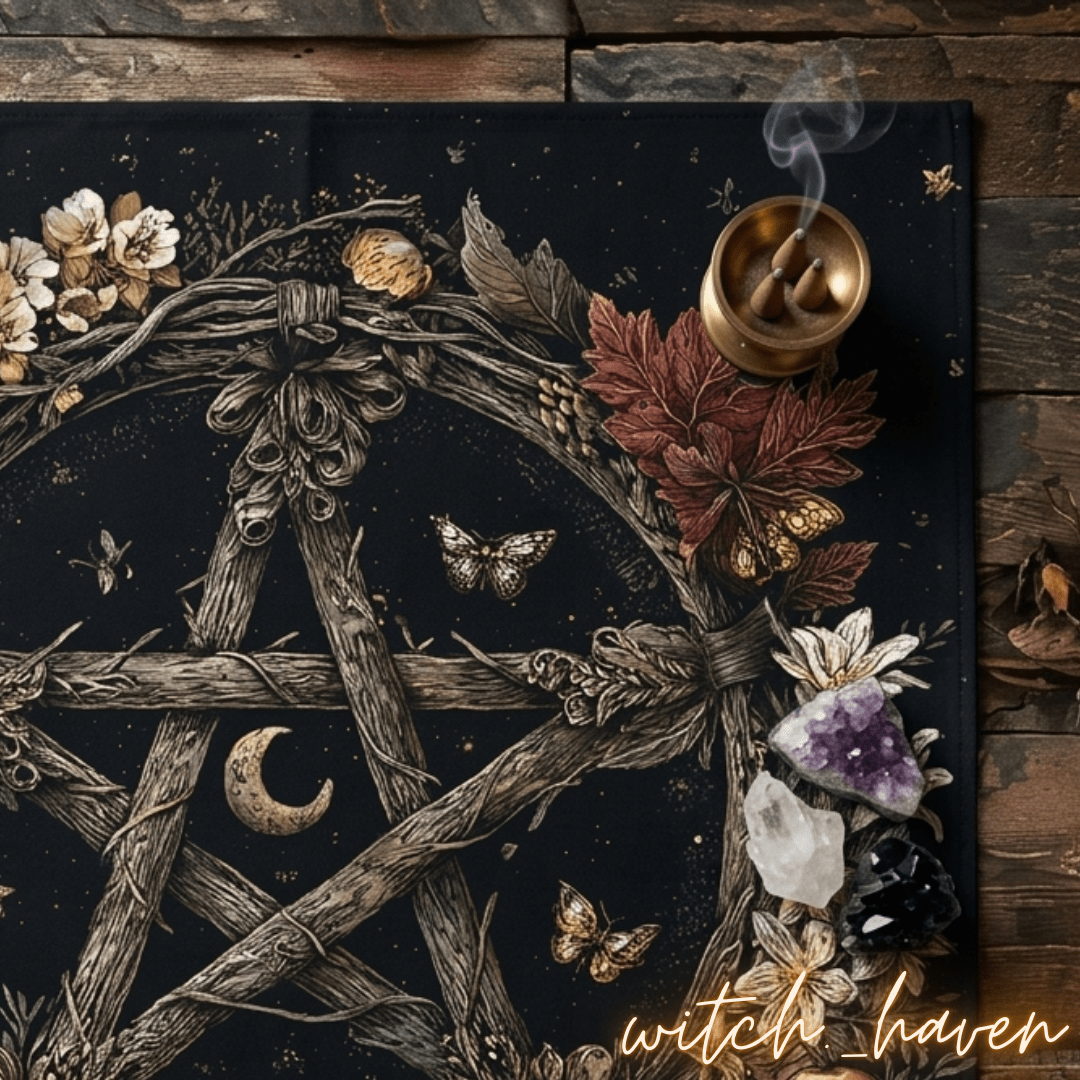 Altartuch Wahrsage Unterlage Pentagramm, Tarot Tuch Naturmotive, Dominika Marx, Witchhaven, rituelle Tischdecke schwarz gold, Pentagramm Altardecke, Unterlage für Kartenlegen, energetisch gereinigtes Altartuch, Wandbehang spirituell, magisches Geschenk für Hexen, Symbol für Schutz und Erdung, ritueller Begleiter Wahrsage