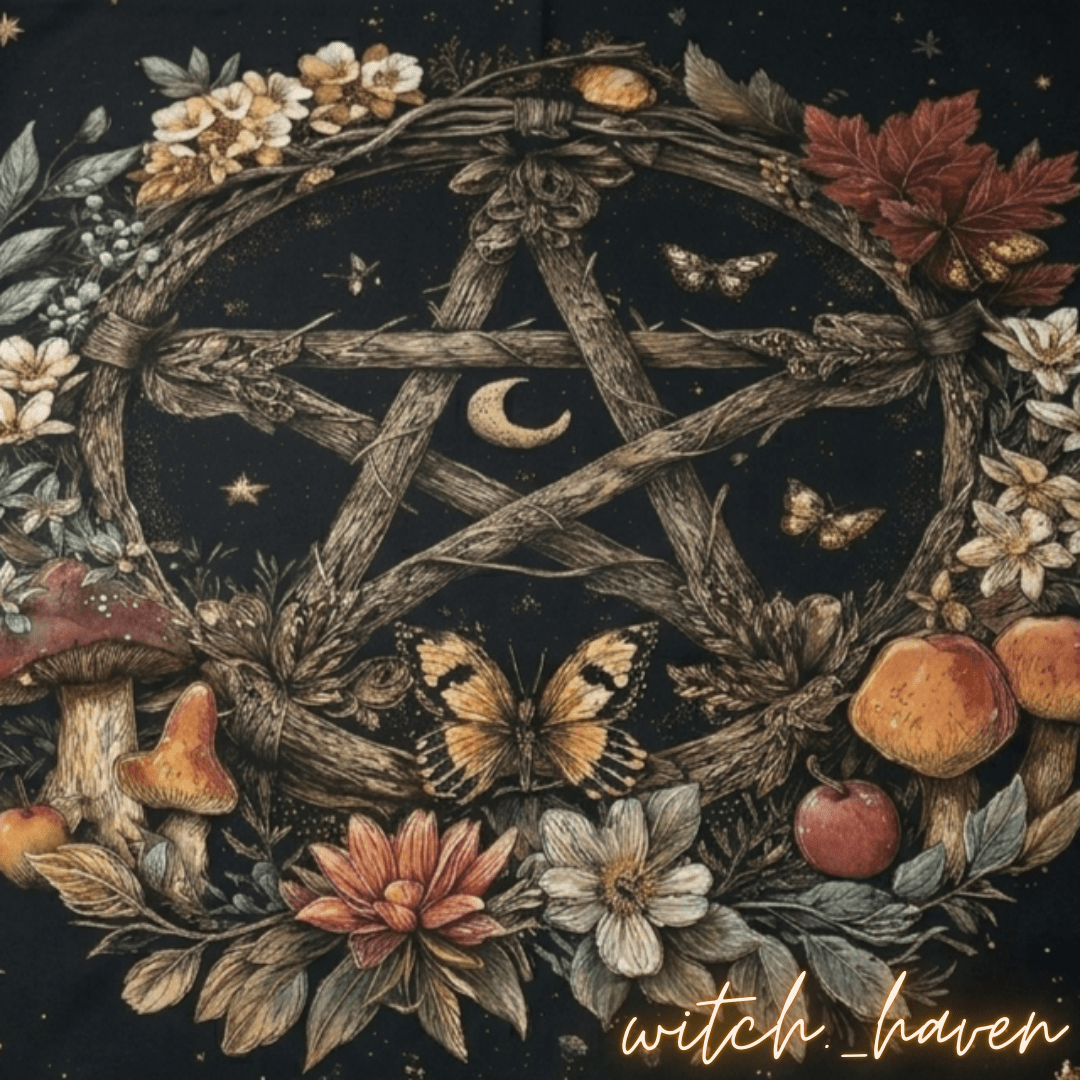 Altartuch Wahrsage Unterlage Pentagramm, Tarot Tuch Naturmotive, Dominika Marx, Witchhaven, rituelle Tischdecke schwarz gold, Pentagramm Altardecke, Unterlage für Kartenlegen, energetisch gereinigtes Altartuch, Wandbehang spirituell, magisches Geschenk für Hexen, Symbol für Schutz und Erdung, ritueller Begleiter Wahrsage