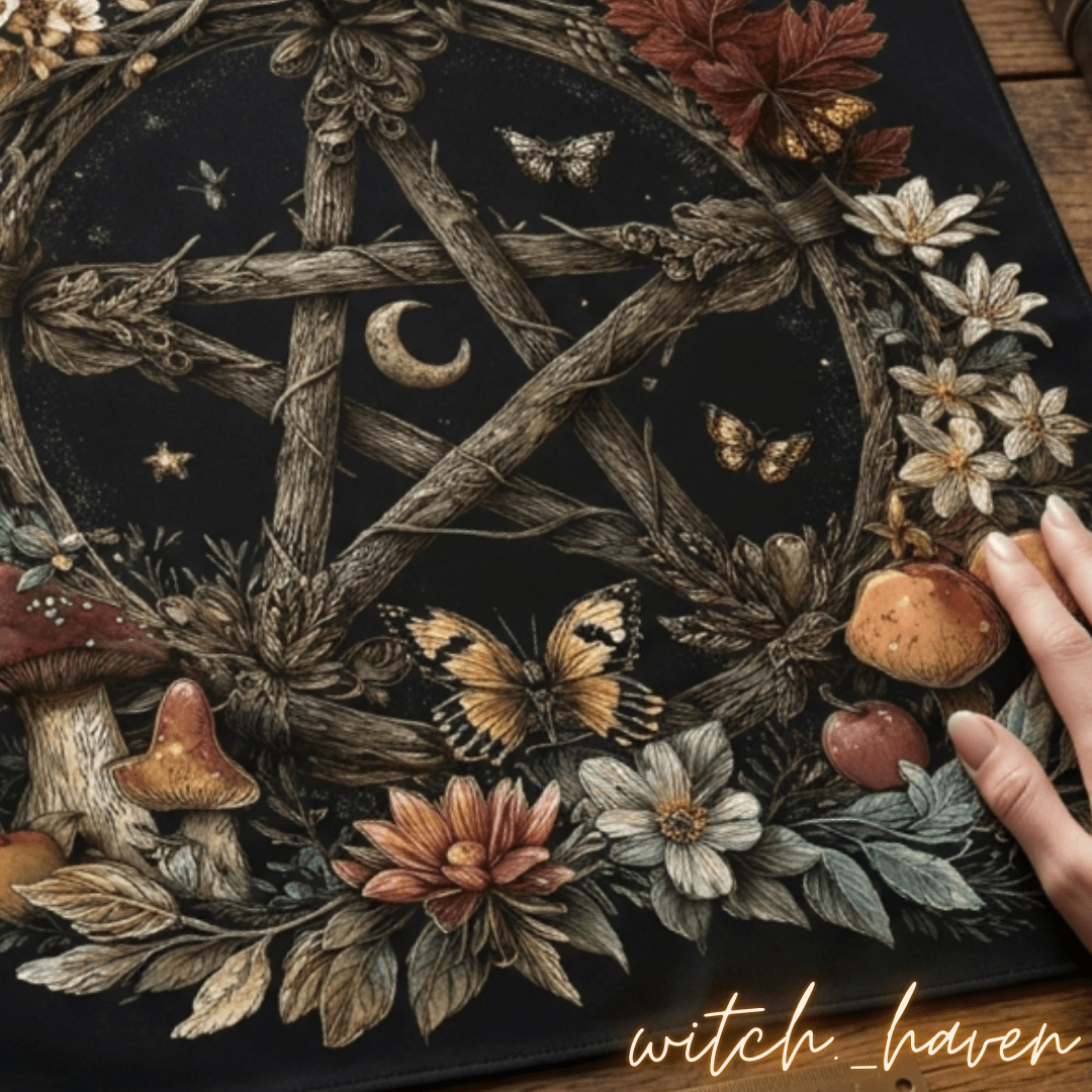 Altartuch Wahrsage Unterlage Pentagramm, Tarot Tuch Naturmotive, Dominika Marx, Witchhaven, rituelle Tischdecke schwarz gold, Pentagramm Altardecke, Unterlage für Kartenlegen, energetisch gereinigtes Altartuch, Wandbehang spirituell, magisches Geschenk für Hexen, Symbol für Schutz und Erdung, ritueller Begleiter Wahrsage