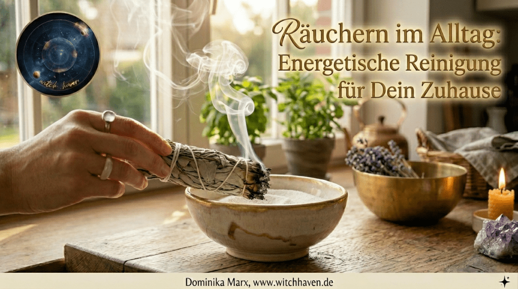 Eine atmosphärische Nahaufnahme einer Hand, die ein glimmendes Bündel weißen Salbei über einer handgetöpferten Keramikschale räuchert, umgeben von aufsteigendem Rauch, Amethyst-Kristallen und einer Bienenwachskerze im sanften Sonnenlicht am Fenster.