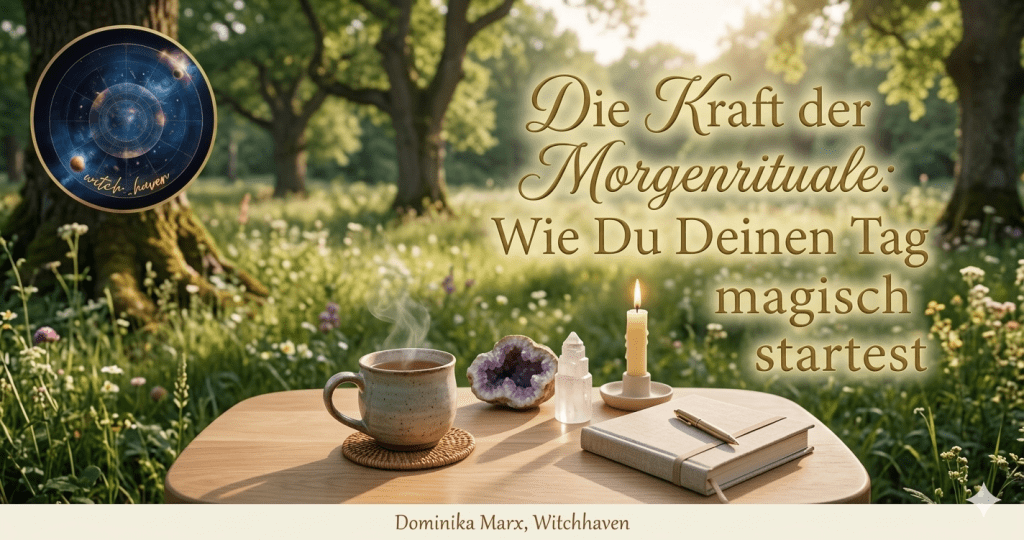 Ein gemütliches Morgenritual-Setting auf einer sonnigen Waldwiese mit Tee, Kristallen, einer brennenden Kerze und einem Notizbuch im warmen Morgenlicht für Achtsamkeit und Magie.