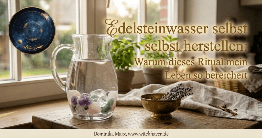 Beitragsbild für den Blogartikel 'Edelsteinwasser selbst herstellen' im Witchhaven-Design mit einer Glaskaraffe voller Heilsteine im sonnigen Fensterlicht.