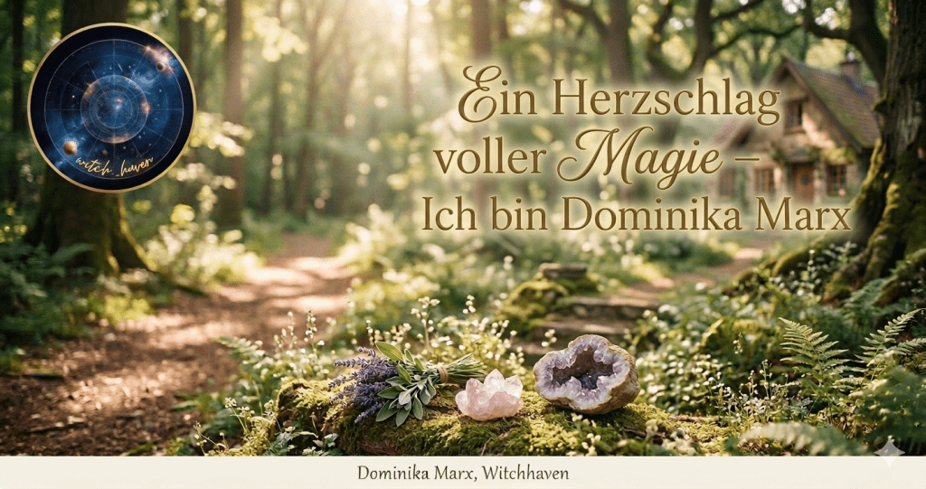 Beitragsbild für Witchhaven von Dominika Marx Spiritualität: Ein zauberhafter Wald mit einem Kristall und Kräutern im Vordergrund sowie dem Titel Ein Herzschlag voller Magie.