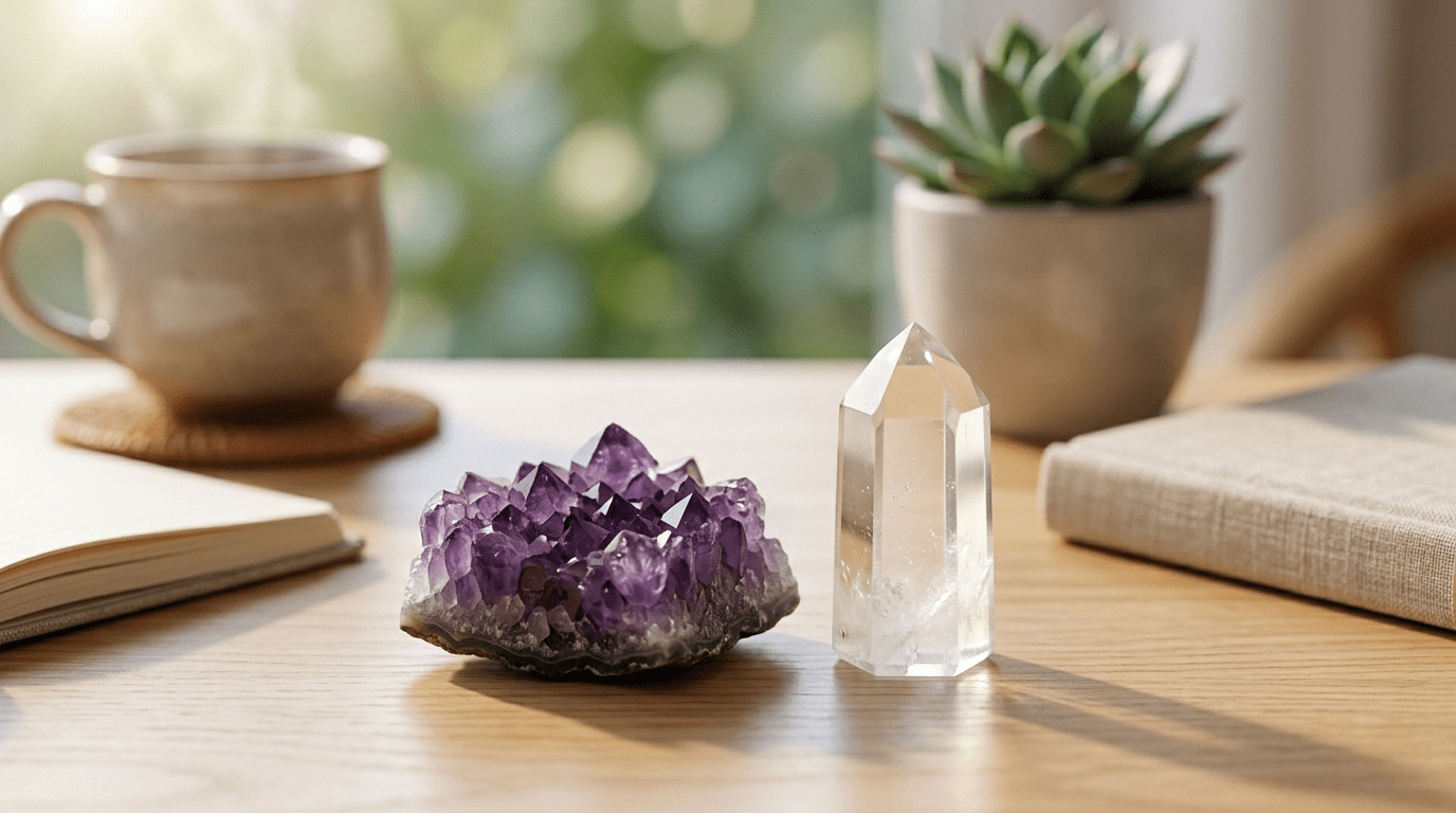Edelsteine Amethyst und Bergkristall für Ruhe und Klarheit