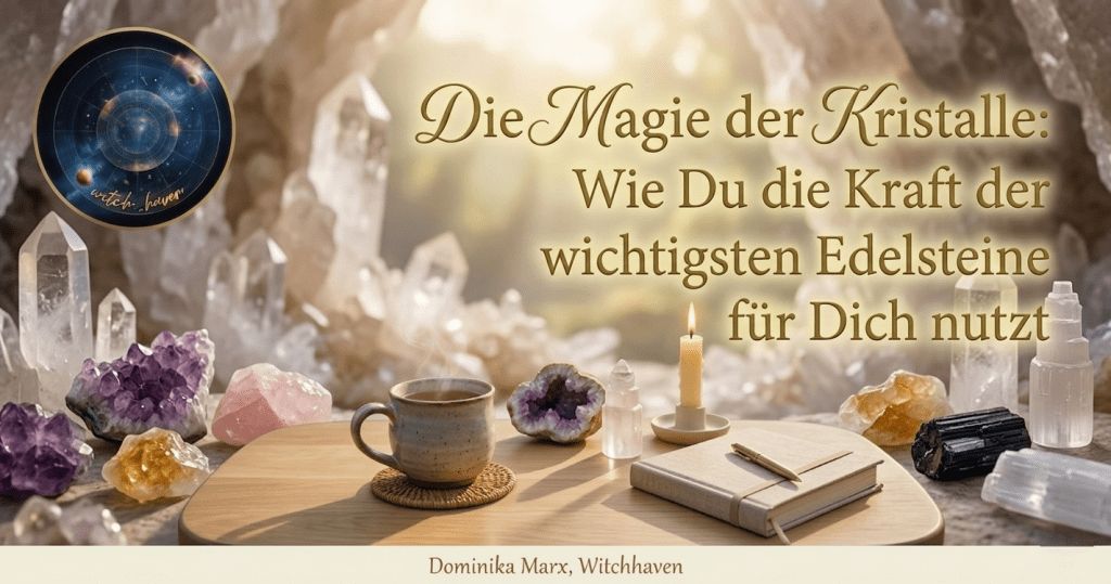 Witchhaven-Ankerbild für den Blogartikel 'Die Magie der Kristalle: Wie Du die Kraft der wichtigsten Edelsteine für Dich nutzt', zeigt eine Anordnung von Amethyst-, Selenit- und Rosenquarz-Edelsteinen auf einem Holztisch vor einem weichen Kristallhintergrund, mit dem Astrologie-Logo und Titeltext.