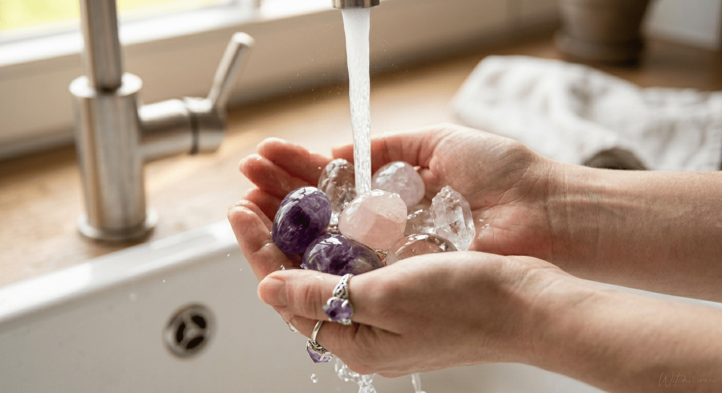 Detailaufnahme von Frauenhänden bei Witchhaven, die achtsam Kristalle unter fließendem Wasser reinigen