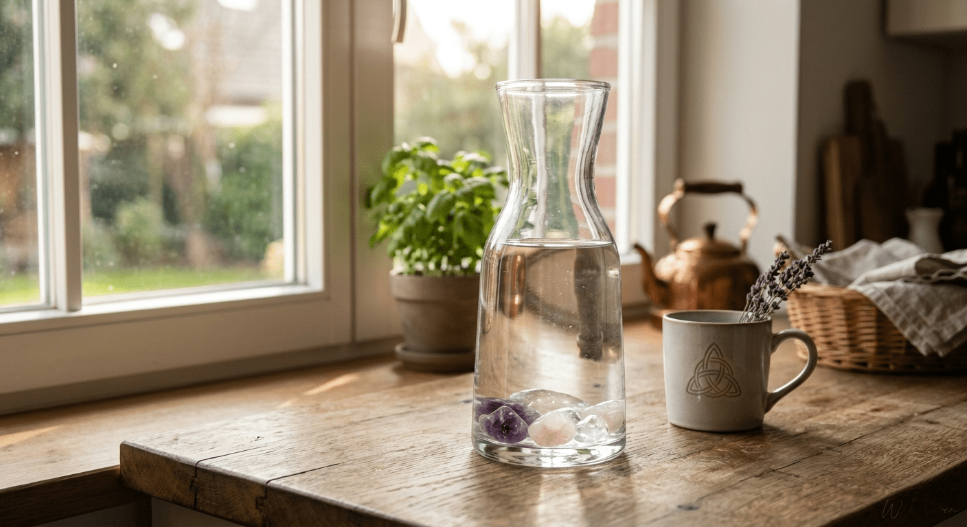 Stimmungsvolle Glaskaraffe mit Edelsteinen und frischem Wasser in einer sonnendurchfluteten Küche bei Witchhaven